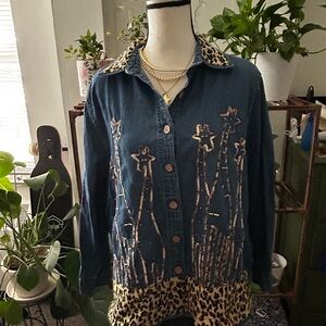 Leopard Accent Blue Denim Jacket